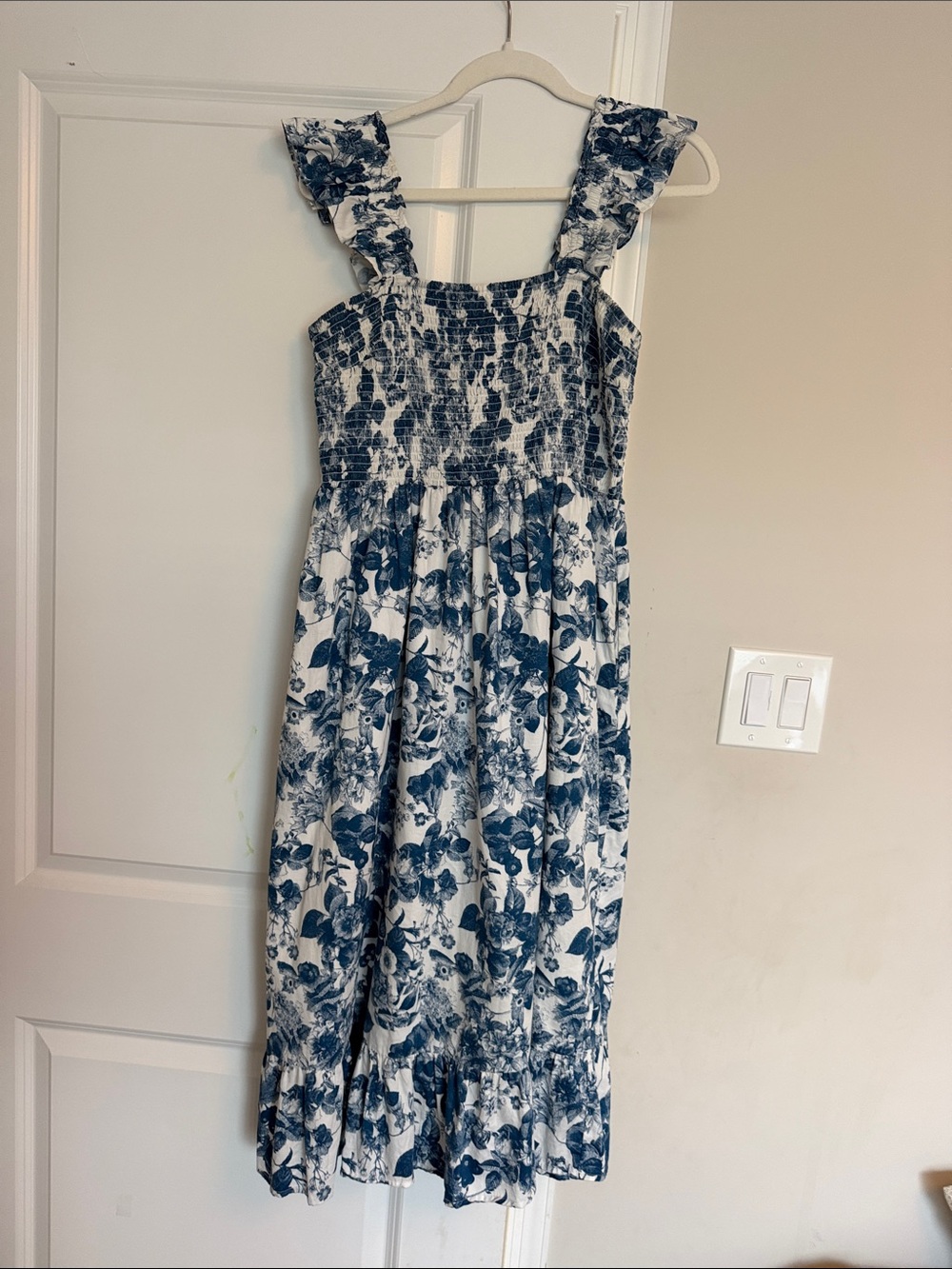 White and Blue Floral Smocked Midi Dress with Ruffle Straps